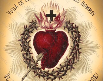Antique Sacred Heart Art Print, Altered Art Sacred Heart Of Jesus Christ, Religious Art, Gothic Heart Art Print