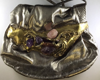 Brutalist Handbag by Copa Collection, signed and made in Brazil, Gold Leather with Brass and Amethyst & Rose Quartz Accents
