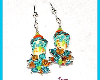 Ivory floral earrings,Colorful Earrings,Lampwork Bead Earrings,Flower Jewelry,Floral Earrings, Dangle Earrings,Spring Earrings - TOSCA
