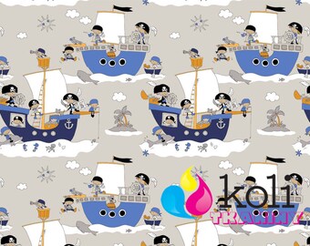 Pirates fabric, Cotton Fabric, Quilting Fabric, Pirate ship, Pirates of the caribbean, Fabric by the Yard, metre tissu gray blue treasure