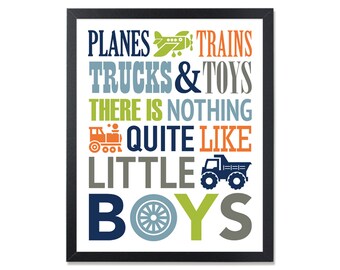 Wall art for boys room, printable Planes trains trucks and toys, Navy blue orange printable art for kids, printable boys room decor wall art