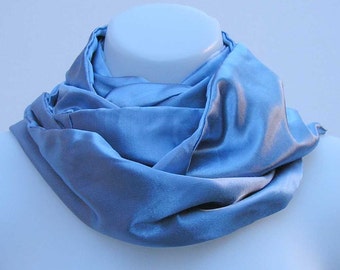 Pale blue Infinity scarf, baby blue scarf, satin scarf, upcycled scarf, refashioned scarf, boho scarf, bohemian scarf, woman's fabric scarf