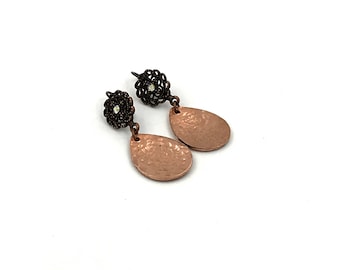 Free Shipping,Hammered Copper Earrings,artisan copper earrings,hammered earrings,pear shape earrings,hand forged earrings,artisan jewelry