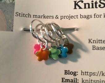 Snag-free knitting stitch markers -- set of five -- enameled flower charms