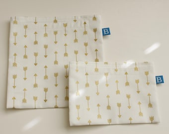 Reuseable Eco-Friendly Set of Snack and Sandwich Bags in White with Gold Arrows Fabric