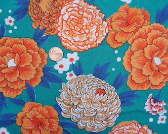 Vintage Teal Floral Quilter's Cotton - Asian Chrysanthemum Floral Fabric - Vintage Cotton Lot - Lauratex Textile Corp