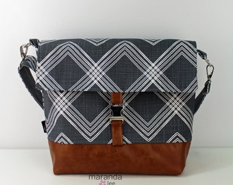 Lulu Large Flap Messenger Satchel - Colton Navy and PU Leather READY to SHIP Travel Business Nappy Bag Stroller Attachment