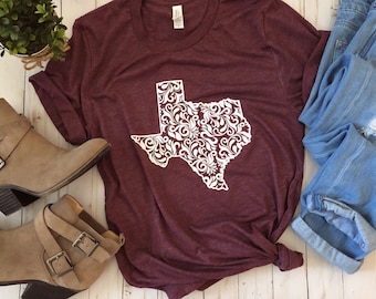 Texas Shirt/Texas Floral Shirt/Texas Design/Womens Texas Shirt/ ladies Texas Shirt/Texas/Texas Tee/Maroon Tee