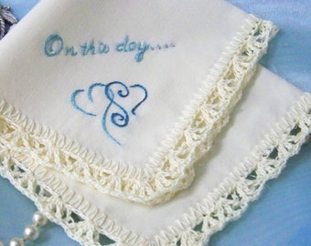 Wedding Handkerchief, Bridal Keepsake, Something Blue, Personalized, Embroidered, Ready to ship