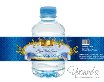 Royal Baby Boy Water Bottle Wrappers - for Baby Shower, First Birthday in Royal Blue and Gold - SET of 12