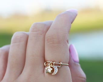 Star and Moon Ring / Adjustable Ring / CZ Star Moon Ring / Delicate Ring in Gold Fill or Sterling Silver
