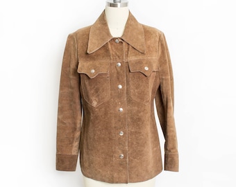 Vintage 1970s Suede Jacket - Brown Suede Leather Heavy Shirt - Small