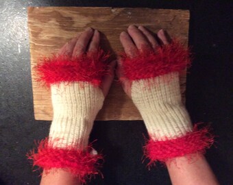 Hand knit white with red fingerless gloves arm warmers