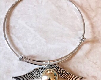 Wizard and Witches, Golden Ball Wings, Magic, Minimalist, Silver BANGLE/Bracelet, Gift for Her, HP