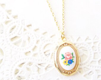 Vintage Gold Plated Locket - Vintage Limoges Locket Necklace - Flower Limoges Locket - Rare Limoges Locket Necklace