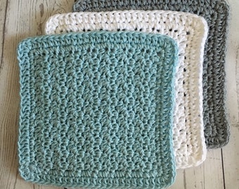 Wash Cloths Kitchen Cotton Dish Cloths Baby Cloths Crochet Wash Cloth Aquamarine White Gray Set of 3 Ready to Ship