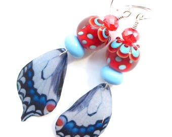 Butterfly Earrings - Blue and Red Earring - Wings Earrings - Lampwork Earrings - Whimsical Earrings - Fairy Earrings - Gifts under 50