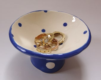 Delft Blue & white pottery Ring Dish for kitchen or bath, ceramic candle holder, whimsical dresser jewelry dish