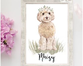 Cockapoo Name Print, Champagne Cockapoo, Personalised Dog Name Print, Dog Name Poster, Dog Lover Gift, Floral Portrait, Watercolour Print