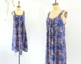 70s Sundress 70s Cotton Dress 70s Summer Dress Batik Dress Floral Sundress Blue Sleeveless Dress xs / s