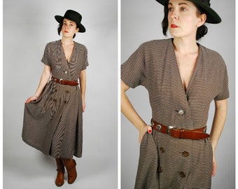 1950's Striped Dress - 50's Brown Cotton Day Dress - Size M