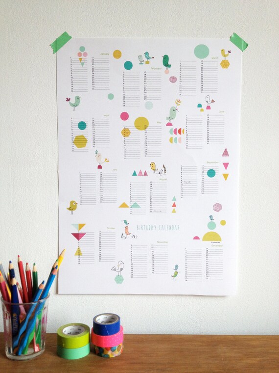 Perpetual calendar Birthday Calendar poster size A3 instant
