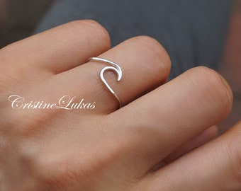 Dainty Wave Ring - Ocean Tide Current Ring - Stacking Ring in Sterling Silver, Yellow Gold, Rose Gold or White Gold
