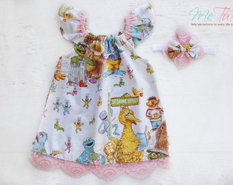 Vintage Retro Sesame Street, Big Bird, Cookie Monster, Snuffleupagus, Bert and Ernie Girl Baby Girl Dress Birthday