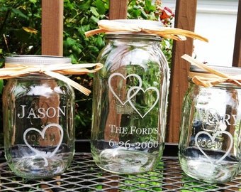 3 Piece Personalized Mason Jar Sand Ceremony set Wedding Ceremony Names 1 Large Jar 2 small Jars with hearts Etched Glass Engraved