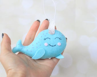 Felt Narwhal ornament Christmas decoration Stuffed Narwhal decoration Narwhal plush miniature Narwhal figurine Narwhal nursery decor