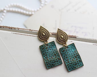 Green Earrings , Patina Earrings, Boho Earrings ,Antique Brass earrings, Dangle Earrings, Boho Jewellery, Birthday Gift