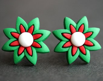 Christmas Flower Earrings. Holiday Earrings. Christmas Jewelry. Green and Red Earrings. Bronze Post Earrings. Holiday Jewelry.