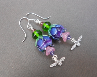 Artisan Lampwork earrings,Flower earrings,Bee earrings,Silver earrings,Multicolour earrings,Spring earrings,Boho earrings,Drop earrings,Ooak