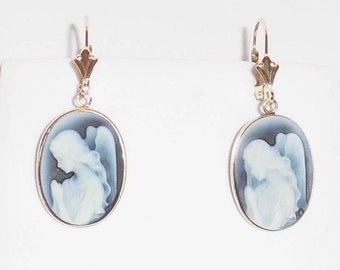 RARE Blue and White Angel Agate Cameo, SOLID 14kt yellow gold Leverback Earrings