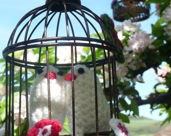 Love Birds Decorative Gift - Handmade Little Crochet Birds and Flowers in a Decorative Bird Cage