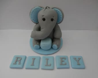 Edible sugar paste Elephant and name,Blue,Pink, cake topper,christening,birthday,boy, girl,baby