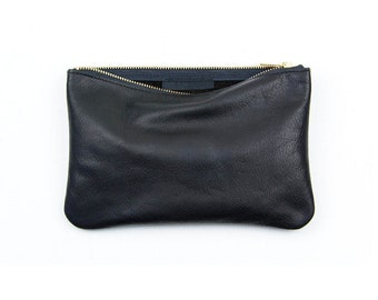 JANE Black Leather Clutch. Black Leather Pouch. Simple Leather Clutch. Black Leather Makeup Bag