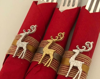 Holiday Flatware with Christmas Napkin Ring, Glitter Reindeer Napkin Ring, Disposable Christmas Flatware, Holiday Party Tableware
