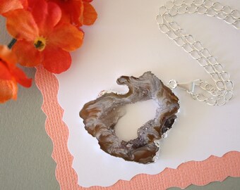 Geode Necklace Silver, Crystal Necklace, Geode Agate Slice, Druzy Pendant, Natural Geode, GS66