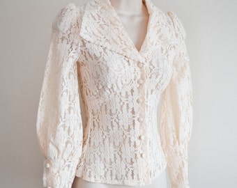 1970s Cream lace edwardian style blouse / 70s balloon sleeve shirt - XXS