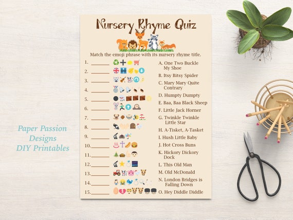 Emoji Nursery Rhyme Quiz Woodland Animal Baby Shower Game