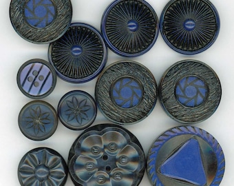Black & Blue Sewing Buttons ~ Mixed Lot of 12 Vintage Buttons ~ Sets and Singles ~ 11/16 inch to 1-3/8 inch -or- 18mm to 35mm ~ Destash