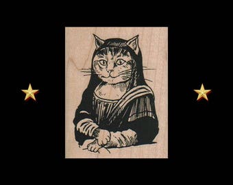 CAT Rubber Stamp, Mona Lisa Cat, Cat Face Rubber Stamp, Cat Costume Stamp, Cat Rubber Stamp, Cat Stamp, Cat Painting, Mona Lisa Art Stamp