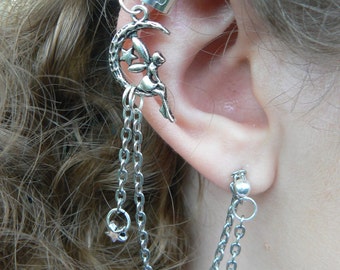 fairy on moon ear cuff with chains ONE boho moon ear cuff fairy ear cuff fantasy ear cuff cosplay ear cuff