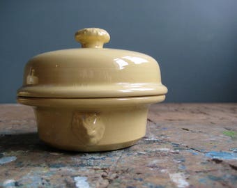 vintage French terrine, foie gras terrine, yellow, sarrguemines, small lidded terrine, butter dish, lion's head