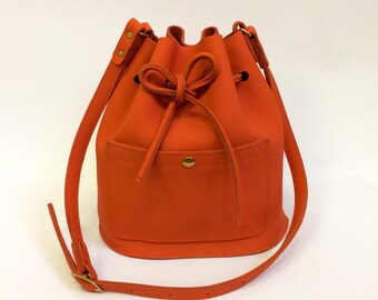 Red Leather bucket bag, leather bag, orange red, shoulderbag, women's bag, bucket