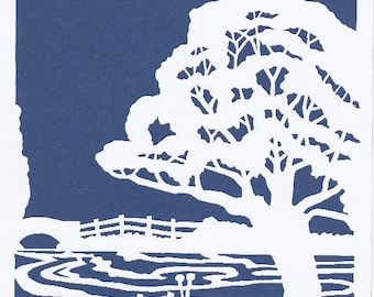 Original paper cut art, A quiet English river scene with a bridge over a meandering river and a tree on the bank.