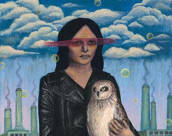 Woman and Owl Portrait Acrylic Painting Original