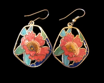 Beautiful Vintage Cloisonne Enamel Poppy Pierced Drop Earrings