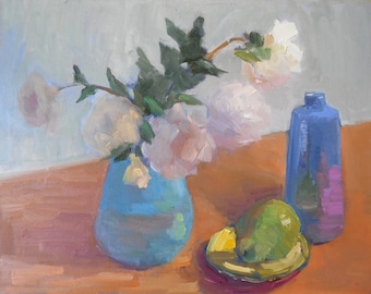 Impressionist Still Life Painting, Original oil painting, flowers, fruit, 14x18x1.5" by CarolSchiffStudio,